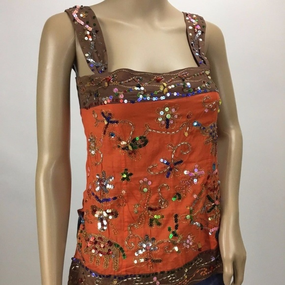 Future Paradise Tops - Future Paradise Orange & Brown Embellished Tunic